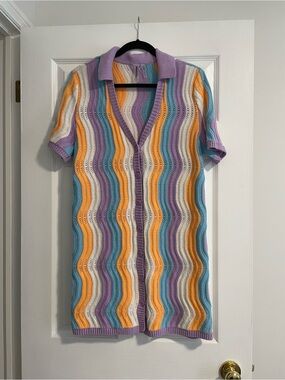 Simons Striped Wave Knit Button-Up Dress in Pastel Purple, Blue, Yellow